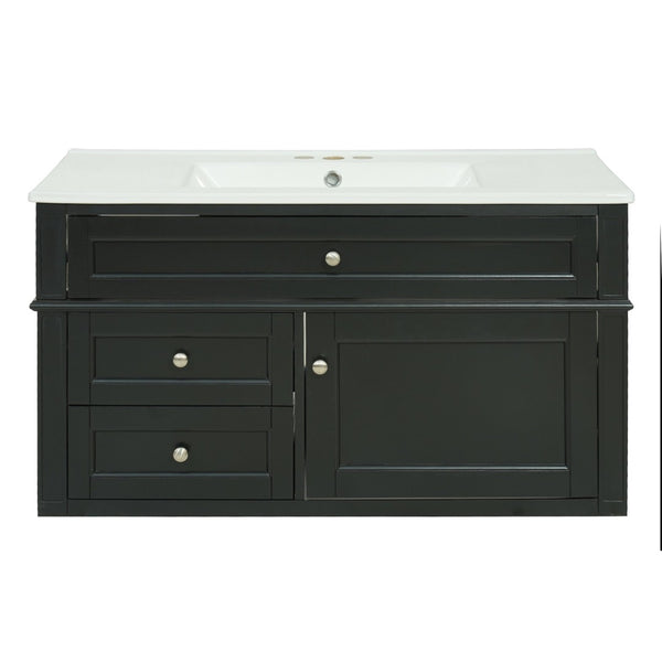 English Elm 36'' Floating Bathroom Vanity with Ceramic Sink Poplar Wood Cabinet and Iron Knobs Black N710P458416B