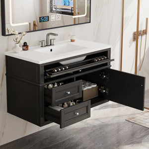 English Elm 36'' Floating Bathroom Vanity with Ceramic Sink Poplar Wood Cabinet and Iron Knobs Black N710P458416B