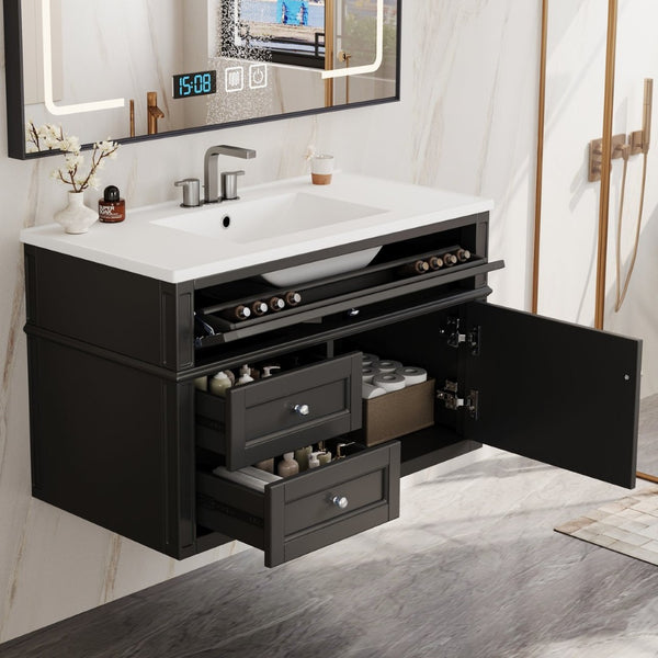 English Elm 36'' Floating Bathroom Vanity with Ceramic Sink Poplar Wood Cabinet and Iron Knobs Black N710P458416B