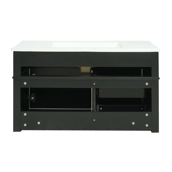 English Elm 36'' Floating Bathroom Vanity with Ceramic Sink Poplar Wood Cabinet and Iron Knobs Black N710P458416B