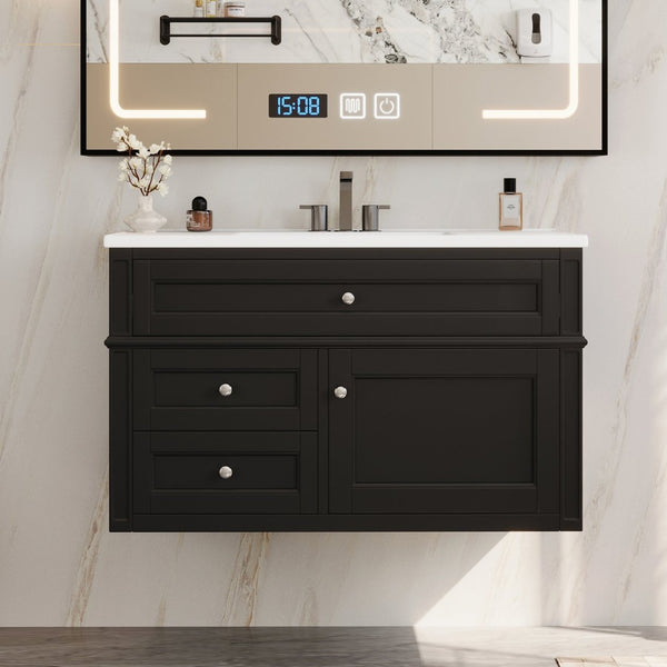 English Elm 36'' Floating Bathroom Vanity with Ceramic Sink Poplar Wood Cabinet and Iron Knobs Black N710P458416B