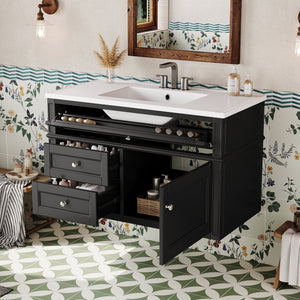 English Elm 36'' Floating Bathroom Vanity with Ceramic Sink Poplar Wood Cabinet and Iron Knobs Black N710P458416B