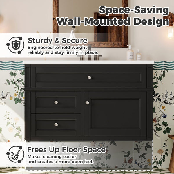 English Elm 36'' Floating Bathroom Vanity with Ceramic Sink Poplar Wood Cabinet and Iron Knobs Black N710P458416B