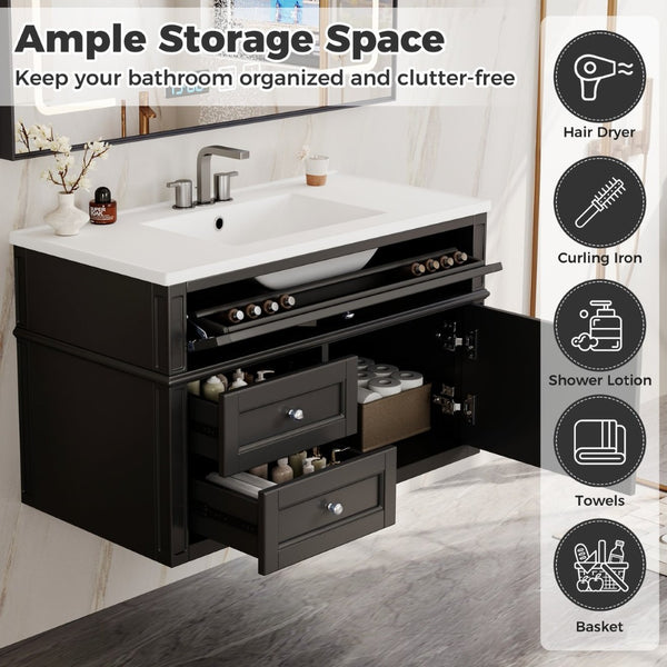 English Elm 36'' Floating Bathroom Vanity with Ceramic Sink Poplar Wood Cabinet and Iron Knobs Black N710P458416B