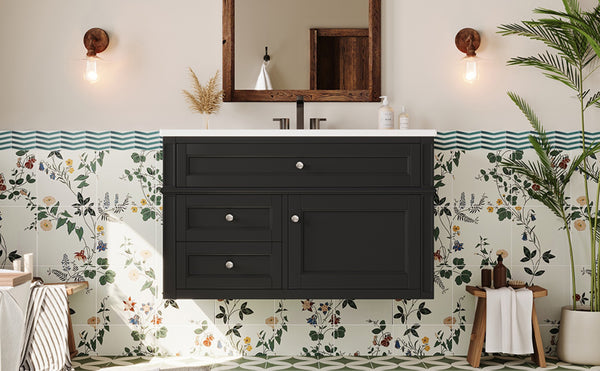 English Elm 36'' Floating Bathroom Vanity with Ceramic Sink Poplar Wood Cabinet and Iron Knobs Black N710P458416B