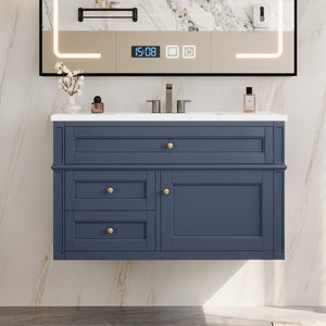 English Elm 36'' Floating Bathroom Vanity with Ceramic Sink Poplar Wood Cabinet and Iron Knobs Blue N710P458416C