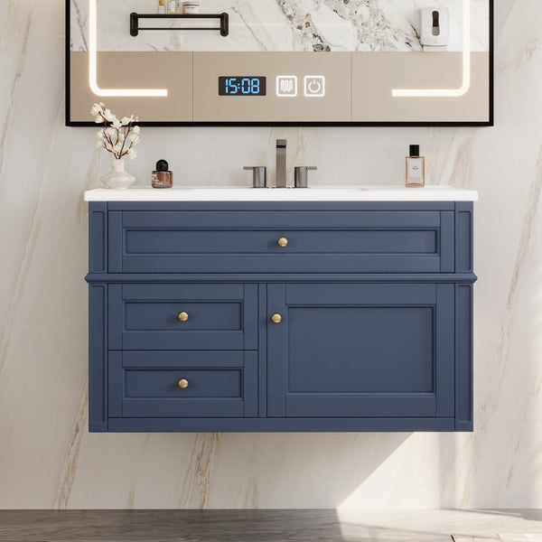 English Elm 36'' Floating Bathroom Vanity with Ceramic Sink Poplar Wood Cabinet and Iron Knobs Blue N710P458416C