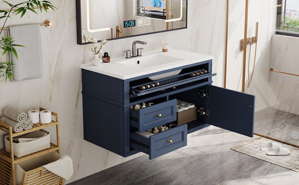 English Elm 36'' Floating Bathroom Vanity with Ceramic Sink Poplar Wood Cabinet and Iron Knobs Blue N710P458416C