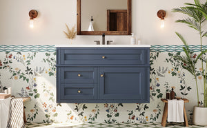 English Elm 36'' Floating Bathroom Vanity with Ceramic Sink Poplar Wood Cabinet and Iron Knobs Blue N710P458416C