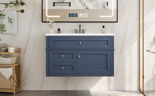 English Elm 36'' Floating Bathroom Vanity with Ceramic Sink Poplar Wood Cabinet and Iron Knobs Blue N710P458416C