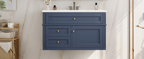 English Elm 36'' Floating Bathroom Vanity with Ceramic Sink Poplar Wood Cabinet and Iron Knobs Blue N710P458416C