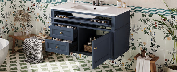English Elm 36'' Floating Bathroom Vanity with Ceramic Sink Poplar Wood Cabinet and Iron Knobs Blue N710P458416C