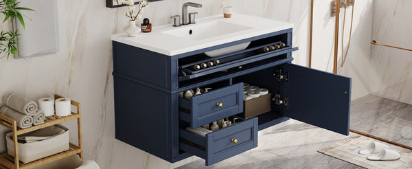 English Elm 36'' Floating Bathroom Vanity with Ceramic Sink Poplar Wood Cabinet and Iron Knobs Blue N710P458416C