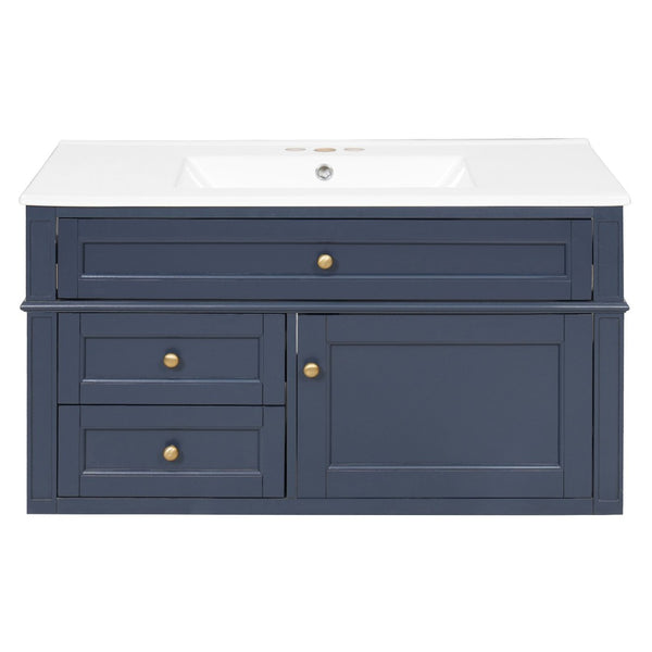 English Elm 36'' Floating Bathroom Vanity with Ceramic Sink Poplar Wood Cabinet and Iron Knobs Blue N710P458416C