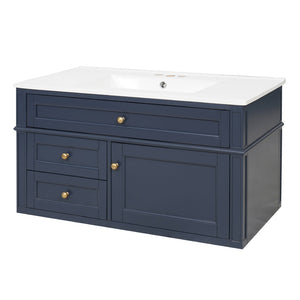English Elm 36'' Floating Bathroom Vanity with Ceramic Sink Poplar Wood Cabinet and Iron Knobs Blue N710P458416C
