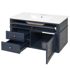 English Elm 36'' Floating Bathroom Vanity with Ceramic Sink Poplar Wood Cabinet and Iron Knobs Blue N710P458416C