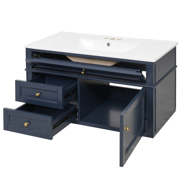 English Elm 36'' Floating Bathroom Vanity with Ceramic Sink Poplar Wood Cabinet and Iron Knobs Blue N710P458416C