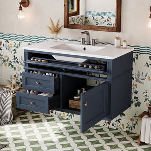 English Elm 36'' Floating Bathroom Vanity with Ceramic Sink Poplar Wood Cabinet and Iron Knobs Blue N710P458416C