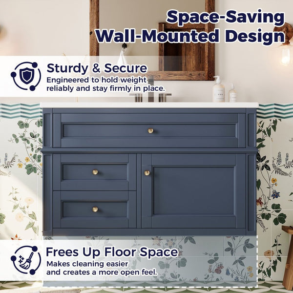 English Elm 36'' Floating Bathroom Vanity with Ceramic Sink Poplar Wood Cabinet and Iron Knobs Blue N710P458416C