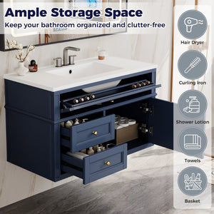 English Elm 36'' Floating Bathroom Vanity with Ceramic Sink Poplar Wood Cabinet and Iron Knobs Blue N710P458416C
