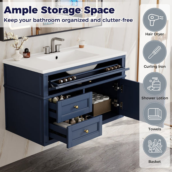 English Elm 36'' Floating Bathroom Vanity with Ceramic Sink Poplar Wood Cabinet and Iron Knobs Blue N710P458416C
