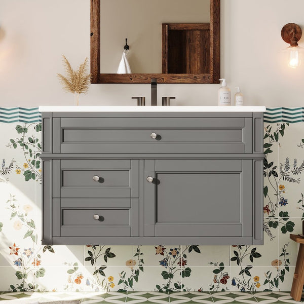English Elm 36'' Floating Bathroom Vanity with Ceramic Sink Poplar Wood Cabinet and Iron Knobs Gray N710P458416E