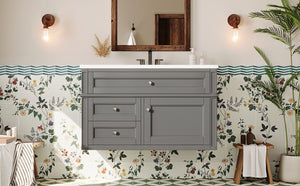 English Elm 36'' Floating Bathroom Vanity with Ceramic Sink Poplar Wood Cabinet and Iron Knobs Gray N710P458416E
