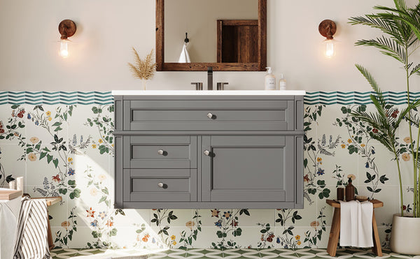 English Elm 36'' Floating Bathroom Vanity with Ceramic Sink Poplar Wood Cabinet and Iron Knobs Gray N710P458416E
