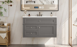 English Elm 36'' Floating Bathroom Vanity with Ceramic Sink Poplar Wood Cabinet and Iron Knobs Gray N710P458416E