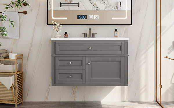 English Elm 36'' Floating Bathroom Vanity with Ceramic Sink Poplar Wood Cabinet and Iron Knobs Gray N710P458416E