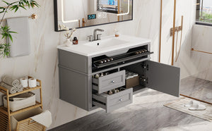 English Elm 36'' Floating Bathroom Vanity with Ceramic Sink Poplar Wood Cabinet and Iron Knobs Gray N710P458416E
