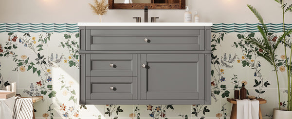 English Elm 36'' Floating Bathroom Vanity with Ceramic Sink Poplar Wood Cabinet and Iron Knobs Gray N710P458416E