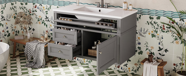 English Elm 36'' Floating Bathroom Vanity with Ceramic Sink Poplar Wood Cabinet and Iron Knobs Gray N710P458416E