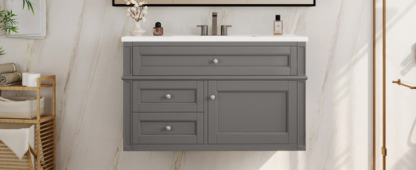 English Elm 36'' Floating Bathroom Vanity with Ceramic Sink Poplar Wood Cabinet and Iron Knobs Gray N710P458416E