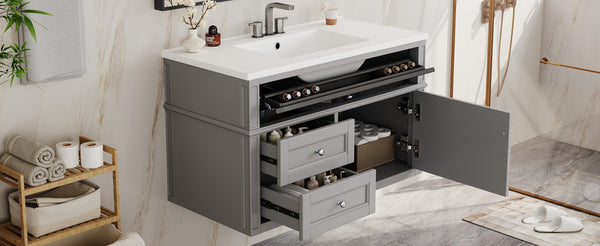 English Elm 36'' Floating Bathroom Vanity with Ceramic Sink Poplar Wood Cabinet and Iron Knobs Gray N710P458416E