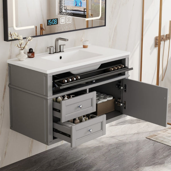 English Elm 36'' Floating Bathroom Vanity with Ceramic Sink Poplar Wood Cabinet and Iron Knobs Gray N710P458416E