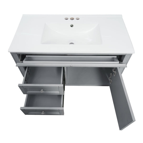 English Elm 36'' Floating Bathroom Vanity with Ceramic Sink Poplar Wood Cabinet and Iron Knobs Gray N710P458416E