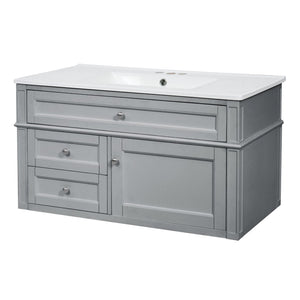 English Elm 36'' Floating Bathroom Vanity with Ceramic Sink Poplar Wood Cabinet and Iron Knobs Gray N710P458416E