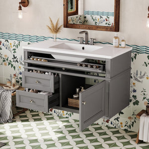 English Elm 36'' Floating Bathroom Vanity with Ceramic Sink Poplar Wood Cabinet and Iron Knobs Gray N710P458416E