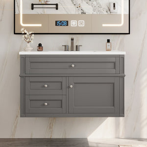 English Elm 36'' Floating Bathroom Vanity with Ceramic Sink Poplar Wood Cabinet and Iron Knobs Gray N710P458416E