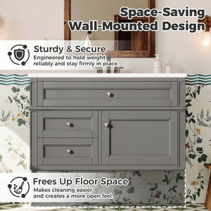 English Elm 36'' Floating Bathroom Vanity with Ceramic Sink Poplar Wood Cabinet and Iron Knobs Gray N710P458416E