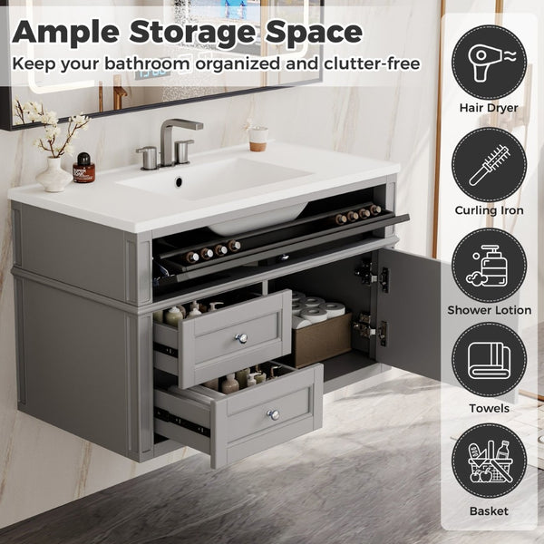 English Elm 36'' Floating Bathroom Vanity with Ceramic Sink Poplar Wood Cabinet and Iron Knobs Gray N710P458416E