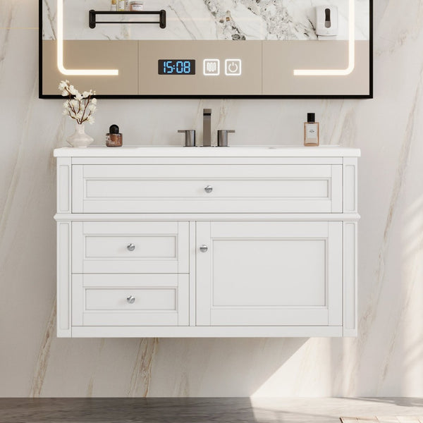 English Elm 36'' Floating Bathroom Vanity with Ceramic Sink Poplar Wood Cabinet and Iron Knobs White N710P458416K