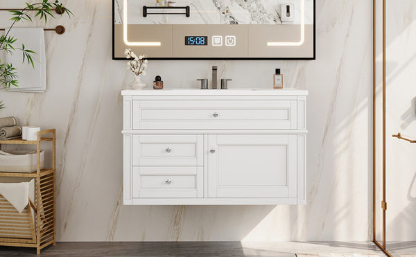 English Elm 36'' Floating Bathroom Vanity with Ceramic Sink Poplar Wood Cabinet and Iron Knobs White N710P458416K