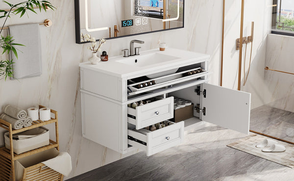 English Elm 36'' Floating Bathroom Vanity with Ceramic Sink Poplar Wood Cabinet and Iron Knobs White N710P458416K