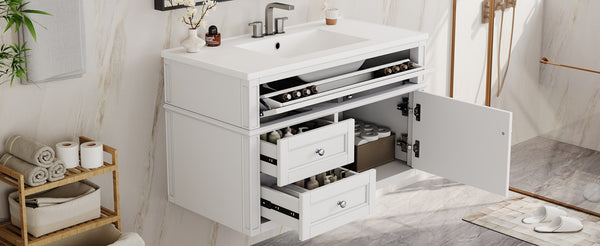 English Elm 36'' Floating Bathroom Vanity with Ceramic Sink Poplar Wood Cabinet and Iron Knobs White N710P458416K