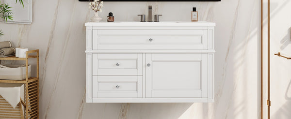 English Elm 36'' Floating Bathroom Vanity with Ceramic Sink Poplar Wood Cabinet and Iron Knobs White N710P458416K