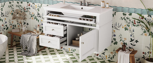 English Elm 36'' Floating Bathroom Vanity with Ceramic Sink Poplar Wood Cabinet and Iron Knobs White N710P458416K