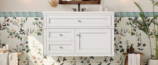 English Elm 36'' Floating Bathroom Vanity with Ceramic Sink Poplar Wood Cabinet and Iron Knobs White N710P458416K