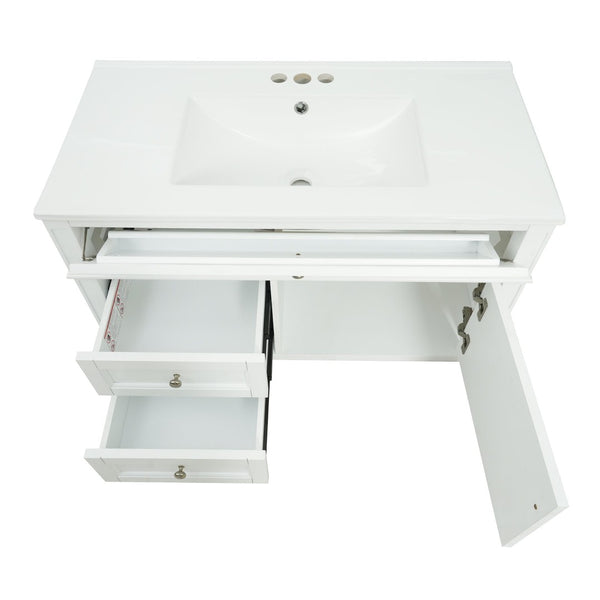 English Elm 36'' Floating Bathroom Vanity with Ceramic Sink Poplar Wood Cabinet and Iron Knobs White N710P458416K